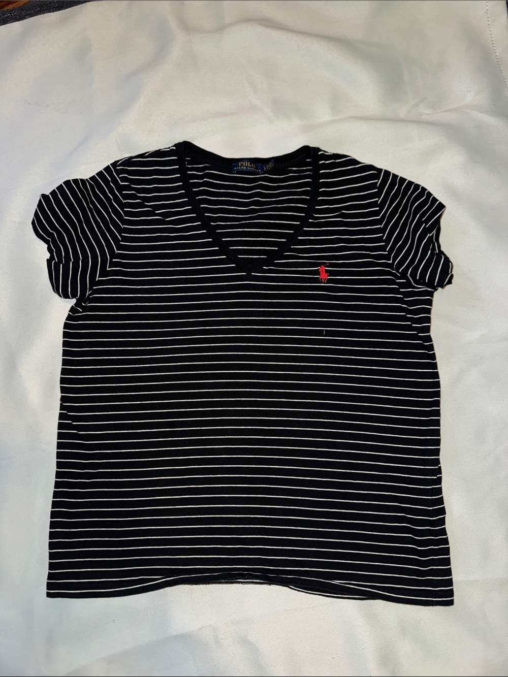 Polo by Ralph Lauren Black and White Striped V-Neck Tee with Red Logo
